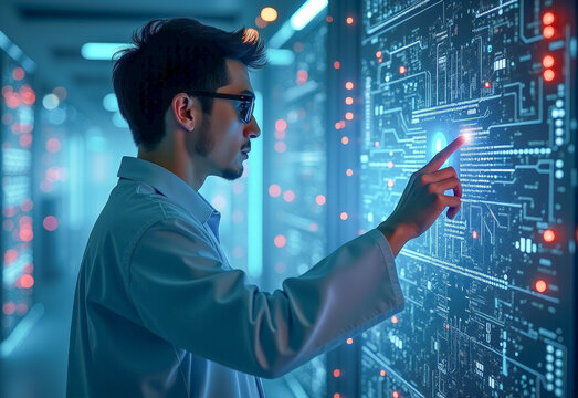 A scientist-engineer touches a complex interface on a large screen with his hand