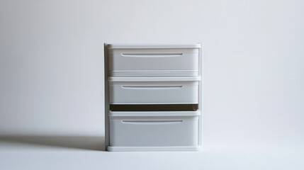 Neat plastic storage unit with three pull-out drawers, photographed on a plain white backdrop for an organization concept.