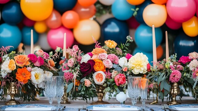 Vibrant and playful air balloon with bold floral designs in a range of colors set up as a centerpiece for a festive wedding The arrangement features a variety of flowers including roses peonies
