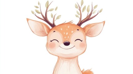 Pastel-colored cartoon deer with a sweet smile, isolated on a white background, ideal for baby-themed designs and decor.
