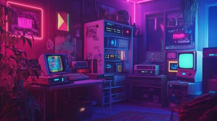 Playful 90s-inspired scene with neon colors, geometric shapes, and iconic tech elements like VHS tapes.