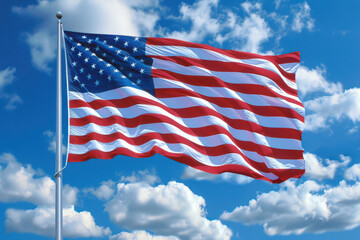 close up horizontal image of an american flag flowing high in the sky