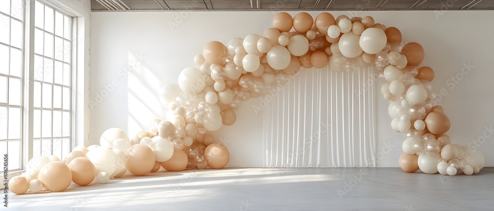 Poster elegant monochromatic balloon arch with a modern twist featuring clean minimalistic designs and soft