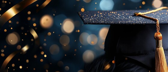  A graduation cap with gold tassel and streams of golden confetti against a dark blue backdrop