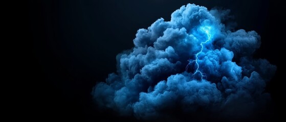  A blue cloud, centered, bearing a lightning bolt from its core against a black backdrop