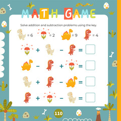 Dinosaurs activities for kids. Solve arithmetic problems using the key. Vector illustration. Dino Book square format. Math game for learning counting.