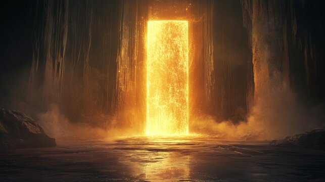 A large hole in the ground with a yellow glow - Powered by Adobe