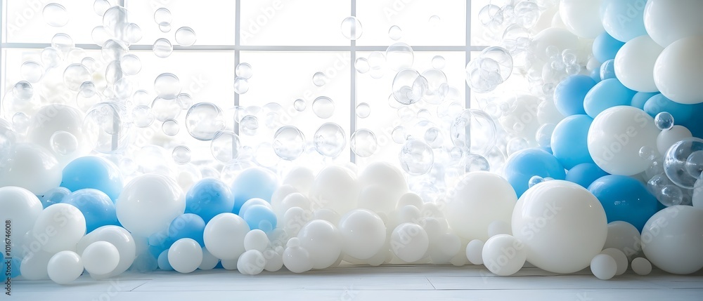 Poster elegant minimalist monochromatic balloon arch with soft color transitions and a design the clean sim