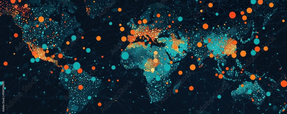 Aufkleber a vibrant world map showcasing data points with colorful dots representing various metrics across re