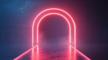A neon lighted tunnel with a red arch