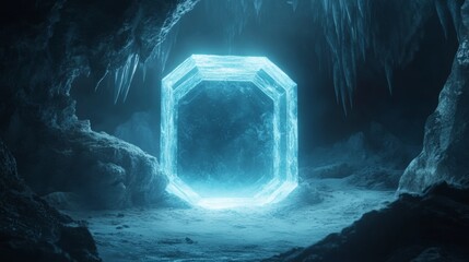 A blue crystal shaped like a cube is in a cave