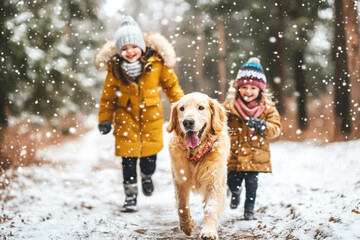 Happy active family with kids walking their pet dog golden retriever in the snowy winter forest 