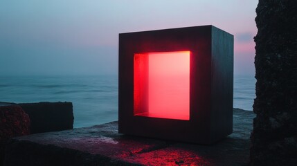 A red cube sits on a ledge next to the ocean