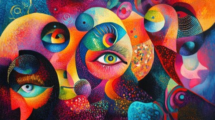Obraz premium Surreal abstract painting with vibrant colors, whimsical shapes, and playful faces on a vivid backdrop.