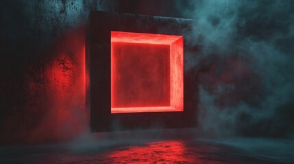 Fototapeta premium A red square with a black frame is lit up in a dark room