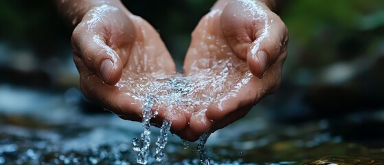 Fototapeta premium A tight shot of someone bending over a streaming body of water, hands cupped to collect it
