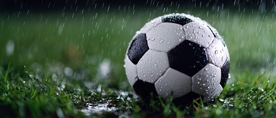  A black-and-white soccer ball atop a verdant grass field, dotted with raindrops