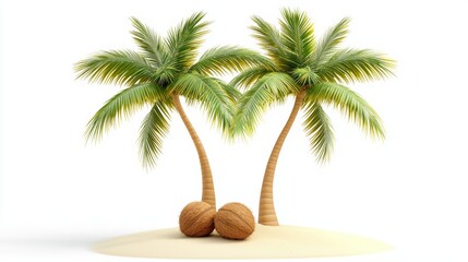 Obraz premium Two vibrant palm trees with coconuts on a sandy beach, isolated on a white background.