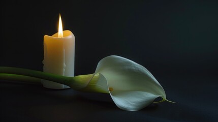 A white calla lily lying next to a burning candle on a black background. Symbol of mourning, grief, solemnity.