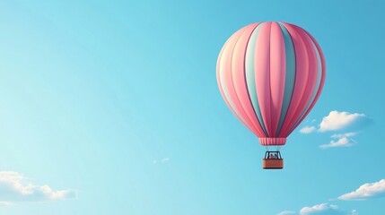 Fototapeta premium Travel banner with realistic 3D hot air balloon in blue sky, summer vacation concept.