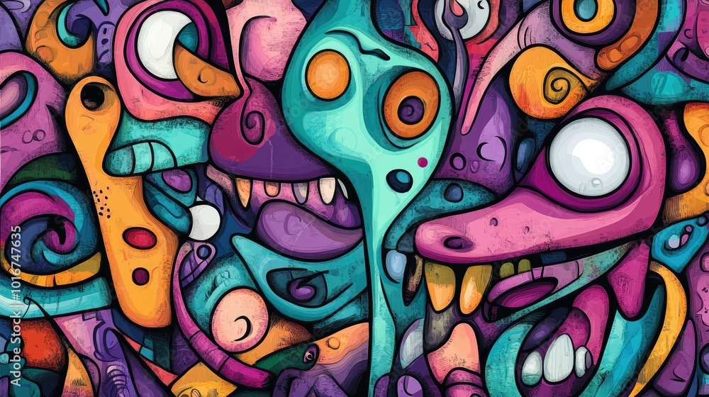 Poster vivid abstract background with whimsical faces and surreal shapes, creating a fun and imaginative sc