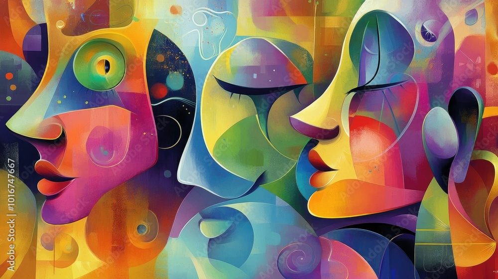 Poster vivid abstract background with whimsical faces and surreal shapes, creating a fun and imaginative sc