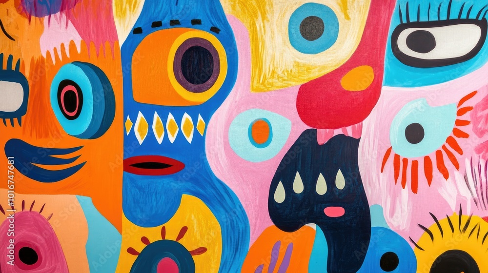 Poster vivid abstract background with whimsical faces and surreal shapes, creating a fun and imaginative sc