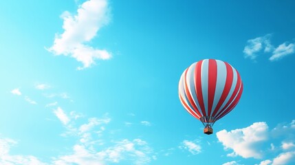 Fototapeta premium Travel banner with realistic 3D hot air balloon in blue sky, summer vacation concept.