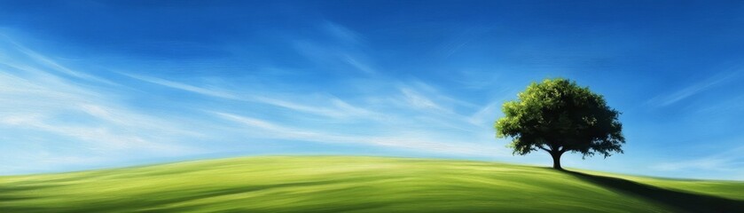 Fototapeta premium Solitary Tree on Green Hill with Blue Sky and Clouds