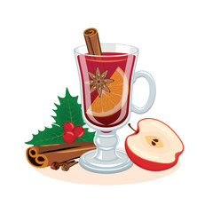Hot mulled wine with cinnamon, star anise, apple and holly vector illustration. Hot winter drink with fruit and spices icon vector isolated on a white background. Glass of mulled wine drawing