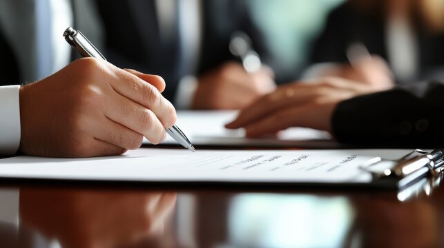 In a contemporary office environment, hands consecutively engage in signing vital documents, which symbolize cooperation, strategic discussions, and collaborative efforts among diverse professionals