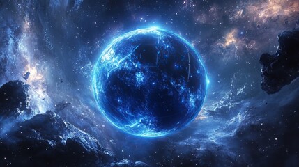 Ultramarine energy sphere floating in the universe, representing slow-motion tech and AI.