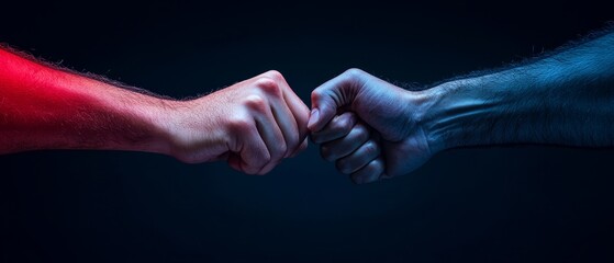  A tight shot of two hands clasped together, emitting scarlet light from their center