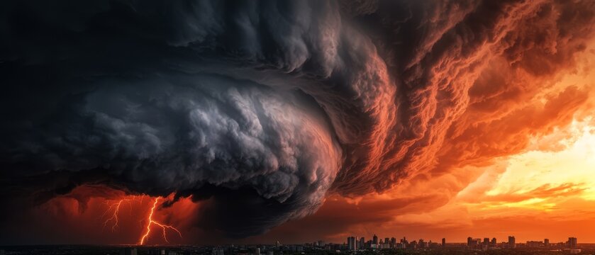  A vast storm cloud, adorned with a lightning bolt at its heart, dominates the backdrop, while a city lies beneath