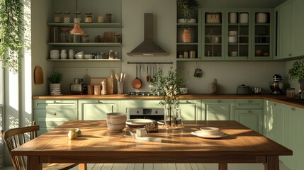 A charming green kitchen with a wooden dining table, elegant cooking cabinets, and polished kitchenware, offering a welcoming and eco-friendly design.