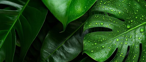  A tight shot of a wet green leaf with water droplets, surrounded by a backdrop of lush green vegetation
