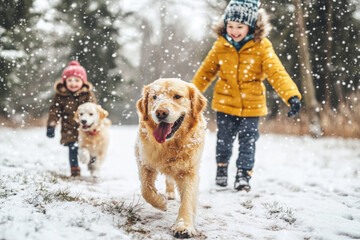 Happy active family with kids walking their pet dog golden retriever in the snowy winter forest 