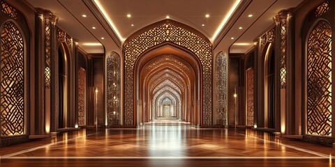 Obraz premium luxury cerise hotel ballroom with wooden intricate royal carving wall and elegant wooden floor and elegant high arch shape 
