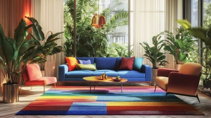 A chic living room interior featuring a blue sofa, multicolored armchairs, a vibrant rainbow rug, and indoor plants in a Scandinavian setting.