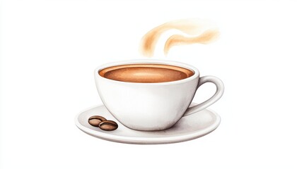 Obraz premium A steaming cup of coffee with a side of beans on a white background.