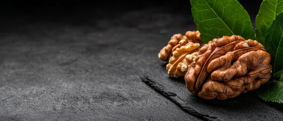 Obraz premium A group of walnuts atop a black surface, one walnut accompanied by a green leaf