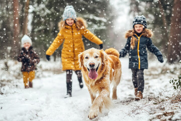 Fototapeta premium Happy active family with kids walking their pet dog golden retriever in the snowy winter forest 