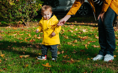 Little boy walking in autumn park with his mother.