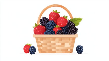 A vibrant basket filled with fresh strawberries and blackberries, set on a white isolated background.