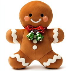 A cute gingerbread man plush toy with a cheerful smile, decorated with white icing and jingling bells around its neck.