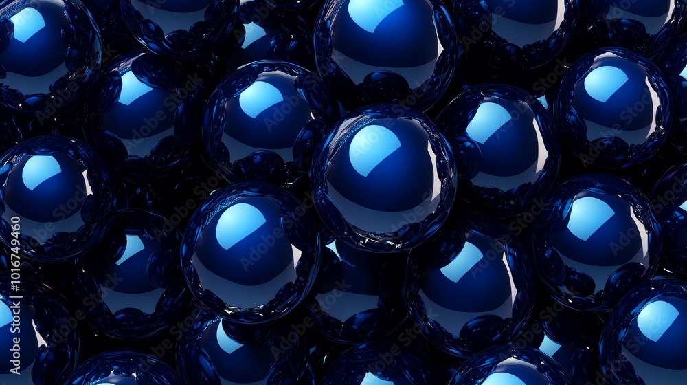 Poster abstract close-up of shiny blue spheres creating a visually striking texture on a dark background.