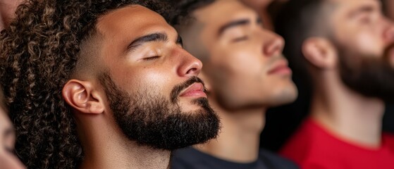 Fototapeta premium A cluster of men seated beside one another, eyes shut, while one man raises his head aloft