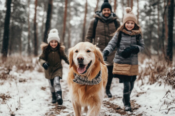 Happy active family with kids walking their pet dog golden retriever in the snowy winter forest 