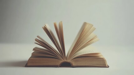 Open book with pages fanned out on a neutral background, symbolizing knowledge, education, and literature in a serene setting.