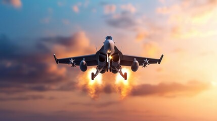 Fototapeta premium Fighter jet taking off from an aircraft carrier with afterburner flames, Aerospace Engineering, military aviation